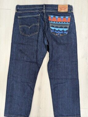 Levi's 508 36x25 Southwest Aztec Tribal Embroidered Blue Jeans Regular Taper Fit